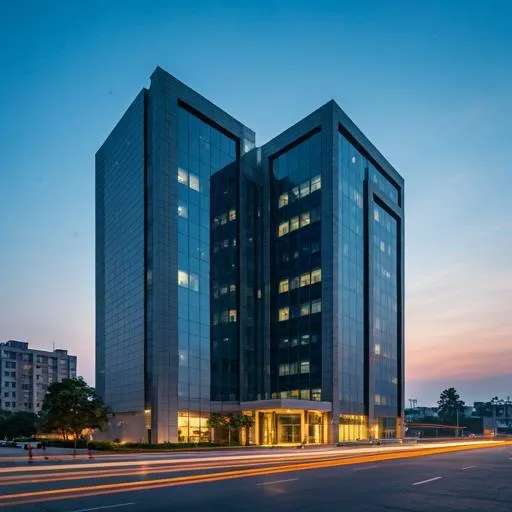 A modern corporate office building facade in Delhi NCR during twilight.