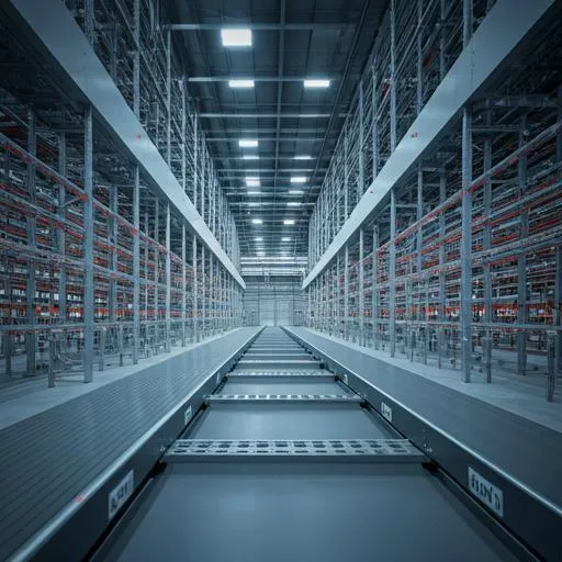 An expansive, high-tech warehouse interior featuring automated sorting systems and high-density shelving.