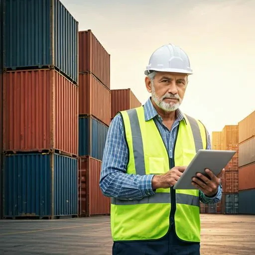 A portrait of a senior logistics manager standing in front of a busy shipping container terminal. He is wearing a high-visibility vest and holding a digital tablet. The background is filled with stacked multi-colored shipping containers under a bright midday sun, creating a high-trust, industrial professionalism vibe with vibrant reds and industrial grays.